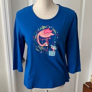 Coral Bay Petite Embroidered Mamma & Baby Flamingo Holiday Blue Top